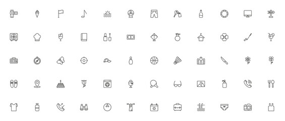 Travel and Holiday icon set. Vector illustration. Feturing video camera, ice ceam, map pointer, swimmingpool, suitcase, beach, sunet and more.