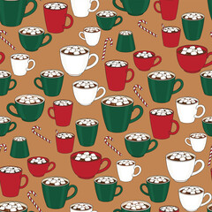 Christmas Beverage Pattern Vector. Seamless Christmas Hot Cocoa Mugs Pattern with Marshmallows. Merry Christmas Cozy Cocoa seamless pattern Background.