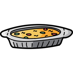 A cartoon illustration of a foil food container filled with a yellow dish containing colorful vegetable pieces and wavy lines representing texture on a transparent background