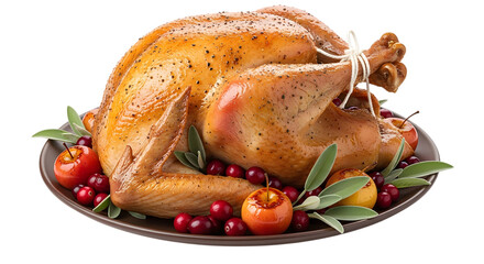 A perfectly roasted golden brown turkey, garnished with cranberries, apples, and sage, isolated on transparent background