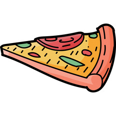 A Colorful Cartoon Slice of Pepperoni Pizza With Green Peppers and Red Tomatoes on a Yellow Cheese Base and Red Crust Against a White Background