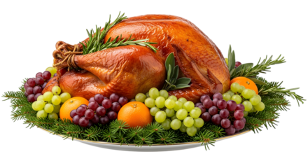 A beautifully roasted golden brown turkey, garnished with fresh rosemary, grapes, and oranges, isolated on transparent background