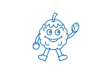 Blue cute fruit character is walking, waving and has a smile on white