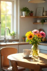 A bright and cheerful Monday morning scene, sunlight streaming into a kitchen, fresh flowers on the table, coffee brewing, ready to start a productive and positive week , productive, lifestyle