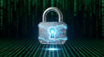 A padlock with circuit board design and glowing keyhole against a matrix style background in green hues