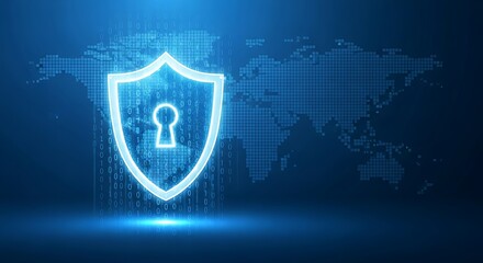 Digital Shield Security Concept with World Map Background.