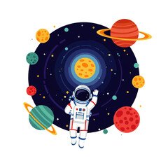 Naklejka premium An Astronaut Floating in Space with Planets, Stars, and Galaxies