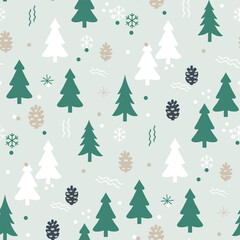 Christmas Tree Pattern Vector. Seamless Christmas Tree Pattern with Snowflakes and Pine Cones. Natural seamless pattern Background.