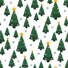 Christmas Nature Pattern Vector. Seamless Christmas Pine Trees Pattern with Ornaments and Stars. Merry Christmas Festive Trees seamless pattern Background.