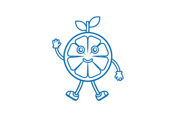 Blue outline of an orange fruit character waving while walking on a white background