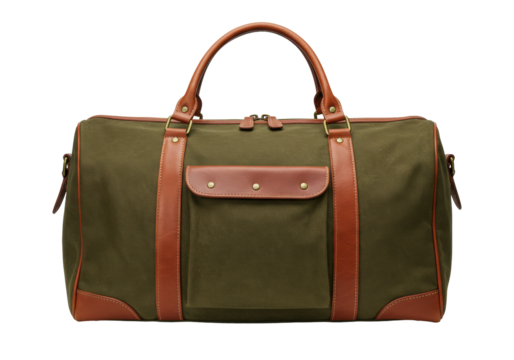 Isolated green canvas duffel bag with brown leather trim and handles, travel bag isolated