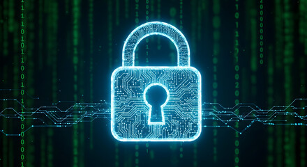 Glowing blue padlock with circuit board pattern against a green binary code background image