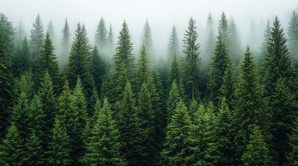 Fototapeta premium Lush green pine forest shrouded in mist creates tranquil and cinematic atmosphere