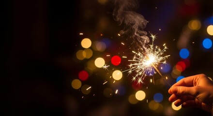 closeup of hand holding sparkler, glowing light trails, blurred festive background 