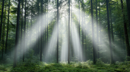Obraz premium Ethereal light filters through tall trees in serene forest, creating magical atmosphere
