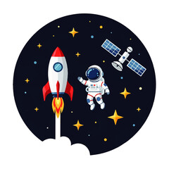 Fototapeta premium Astronaut's Space Adventure Rocket and Satellite Amidst the Stars - Explore the Cosmos and Beyond!