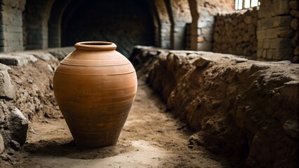 Fototapeta premium Ancient Earthenware Amphora Vessel Unearthed in Dusty Archaeological Excavation Site