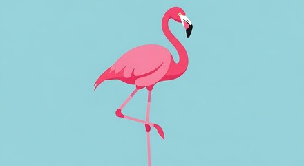 Fototapeta premium Vibrant Pink Flamingo Standing Gracefully on One Leg Against a Serene Blue Background.