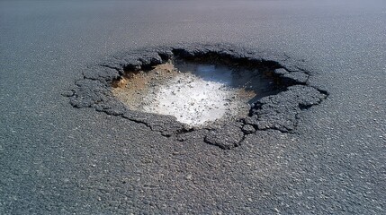 Large Pothole in Asphalt Road with Water Accumulation Illustrating Urban Infrastructure Issues