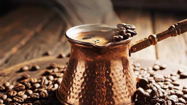 Copper cezve with coffee beans &mdash; aromatic Turkish coffee ritual