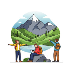 Obraz premium Adventure Awaits Exploring Mountains, Nature and the Great Outdoors With Friends And Sketching On A Lake