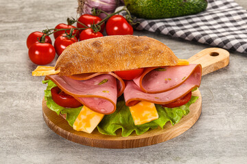 Sandwich ciabatta with mortadella and cheese