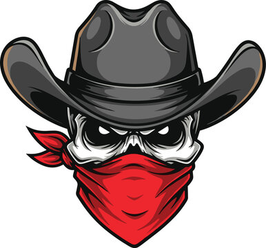 Cowboy Skull Outlaw Mascot with Bandana Vector Illustration, Wild West Bandit Character Design for Apparel, Logo, Sticker or Graphic, Death Rider Concept, Western Theme Art, Vintage Skull Drawing for