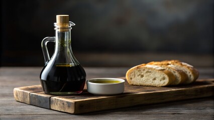 Glass Bottle Of Dark Balsamic Vinegar With Sliced Bread On A Wooden Board With Soft Lighting
