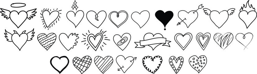 Hand Drawn Heart Doodle Icons Set, Cute Sketch Love Symbols Collection, Valentine’s Day Heart Outlines, Romantic Clipart Pack