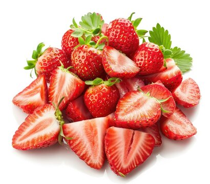 Pile of strawberries, halved, whole, and green leaves on white. Food or recipe