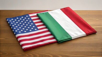 Fototapeta premium Two National Flags United States and Italy Side by Side on Wooden Table Surface