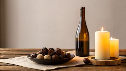 Obraz premium Elegant Arrangement Of Chocolate Truffles And Candles With Wine Bottle On Rustic Table