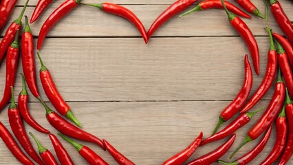 Heart Shape Formed by Vibrant Red Chili Peppers on a Rustic Wooden Surface
