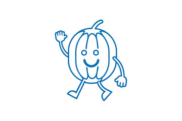 Cheerful outline pumpkin waves hello as it walks on a solid white background