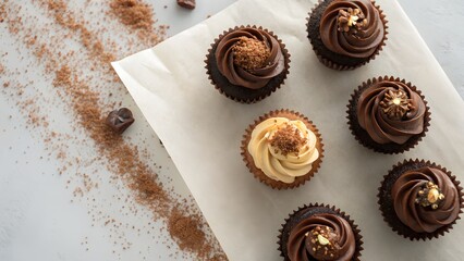 Assortment Of Six Chocolate Cupcakes With Swirled Frosting And Gold Leaf Garnish On Parchment Paper