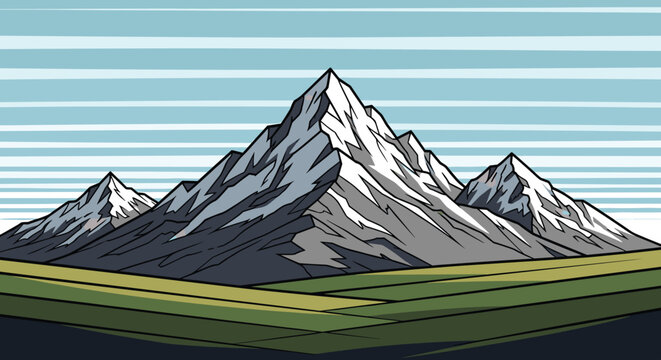 Majestic Mountain Range Landscape with Snowy Peaks and Green Valley Under Striped Sky: Nature Illustration for Travel Adventure, Exploration, Environment, Graphic Design, Backgrounds, Website Headers,