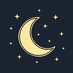 Golden Crescent Moon Surrounded by Shining Stars on a Dark Background for Nighttime Illustrations