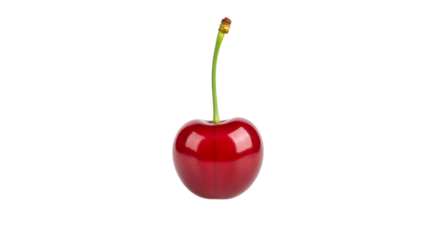 A single red cherry with a smooth, glossy surface, highlighting its fresh, juicy texture and vibrant color