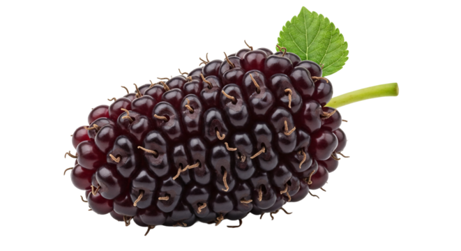 A cluster of fresh mulberries with deep purple color and glossy texture, highlighting their natural sweetness