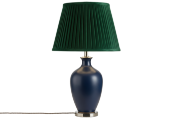 Isolated table lamp with elegant dark blue base, pleat detail fabric shade for home interior