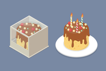 Birthday cake with candles packed in a box with a transparent lid and a cake on a plate. Isometric flat illustration yummy dessert.