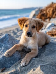 Adorable Puppy Relaxing on Beach with Scenic Background