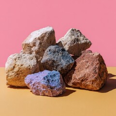 Rock pile on yellow ground against pink backdrop; geology, education, art projects