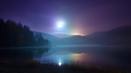 Serene night landscape featuring a lake under a full moon, casting a soft glow over the water and surrounding mountains, with a misty atmosphere creating a peaceful and magical ambiance