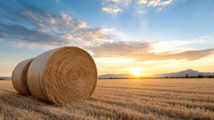 Golden hour light on hay bales creates serene landscape with rustic tone