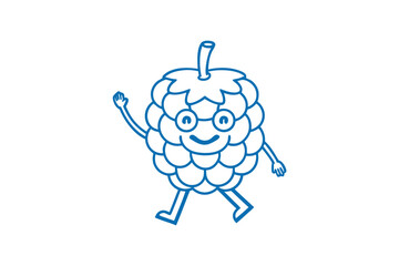 Blue raspberry cartoon character cheerfully walks and waves, wearing glasses, on a white surface
