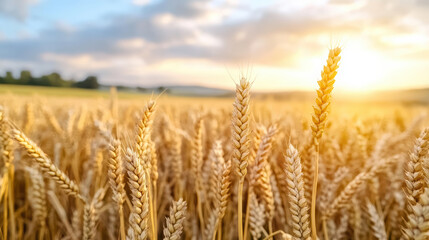 Fototapeta premium Golden wheat field at sunset, showcasing warmth and life in nature beauty