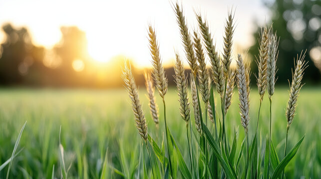 Golden hour light shining on green crops creates serene atmosphere in nature