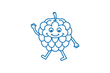 Blue cartoon pinecone character waves hello as it cheerfully walks on a white backdrop