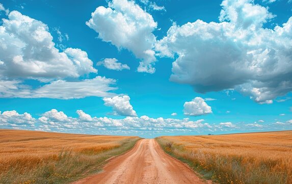 Rural Road Wheatfield dirt path leads to the horizon. Clouds in bright blue sky - Powered by Adobe